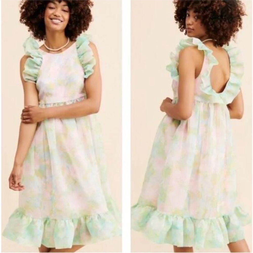 SELKIE X Mason Armory Green Pink Ruffle Pastel Paints Romance Midi Dress Size M